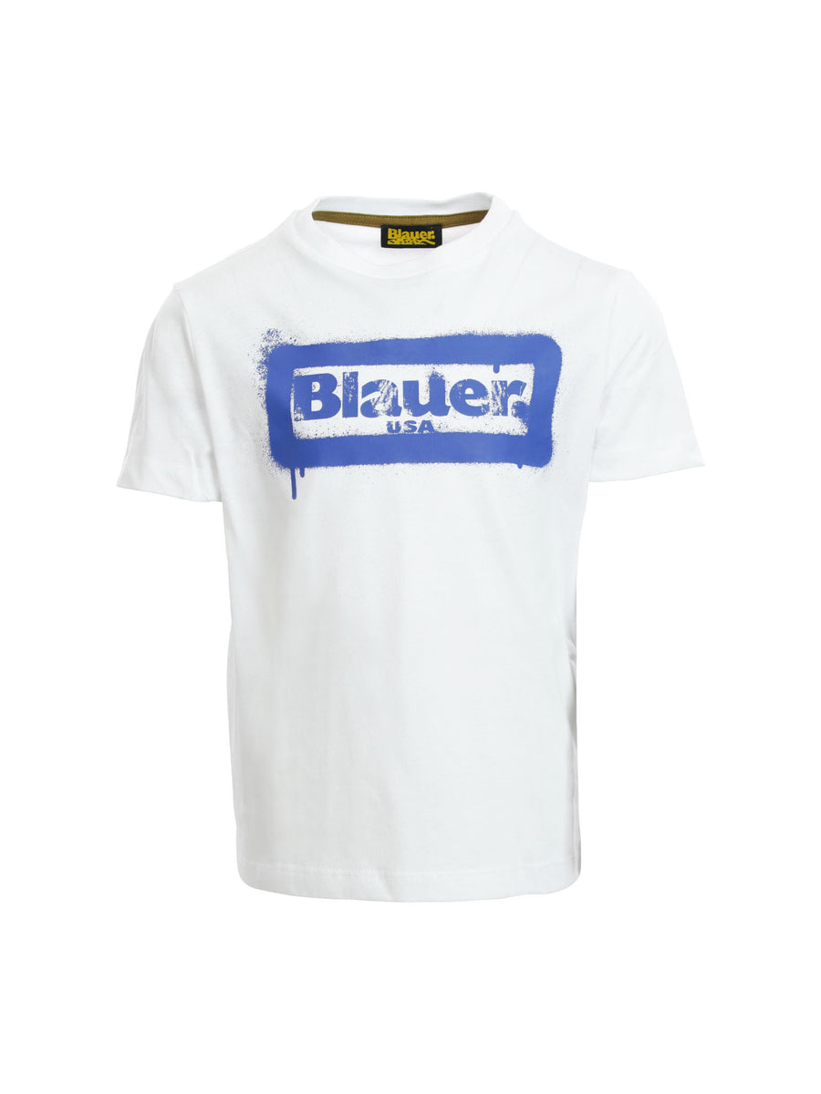 T-shirt bianca con stampa logo blu effetto spray