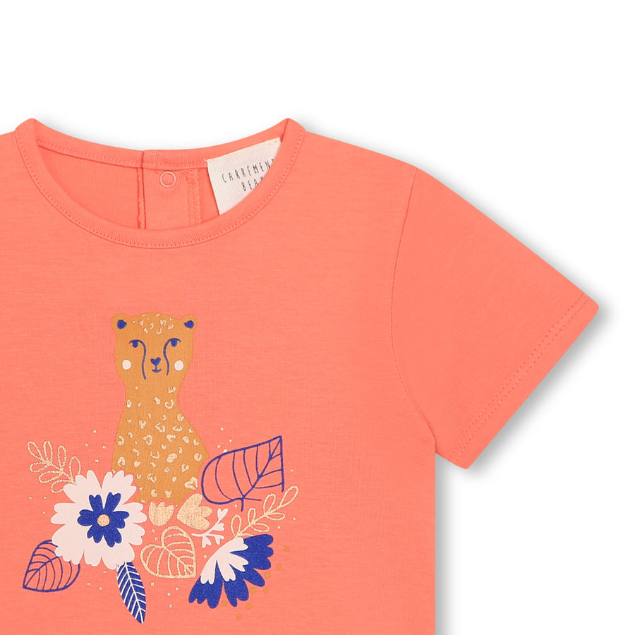T-shirt rosa pesca con stampa ghepardo e fiori