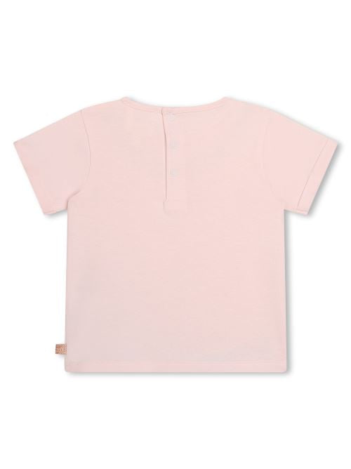 T-shirt rosa con stampa fiori blu e arancio al collo