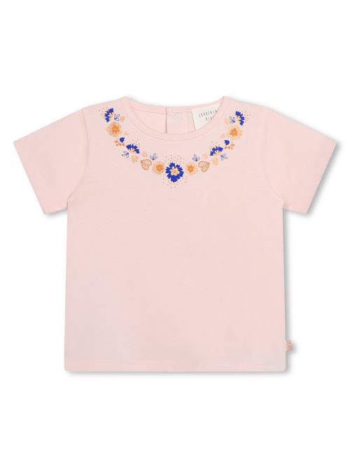 T-shirt rosa con stampa fiori blu e arancio al collo