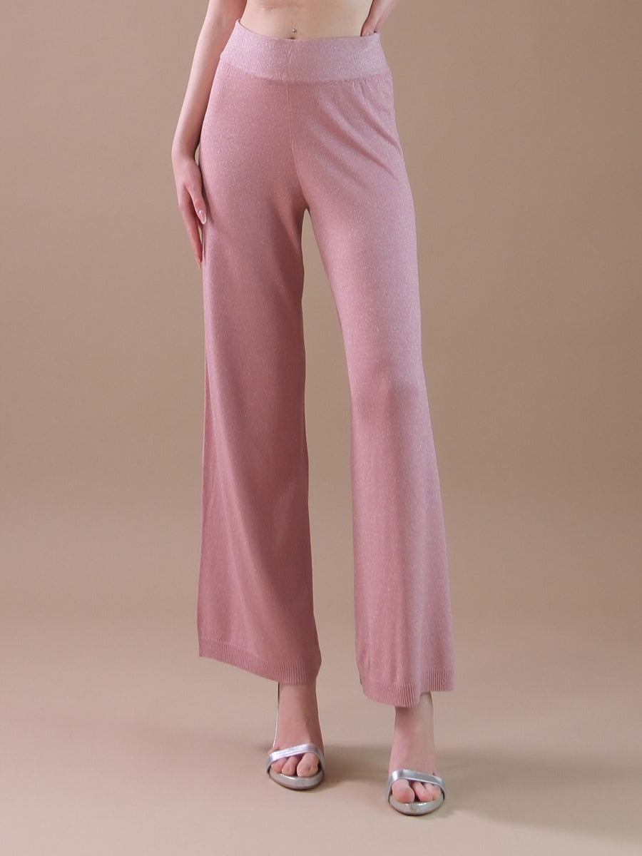 Pantaloni a palazzo in maglia rosa antico con lurex