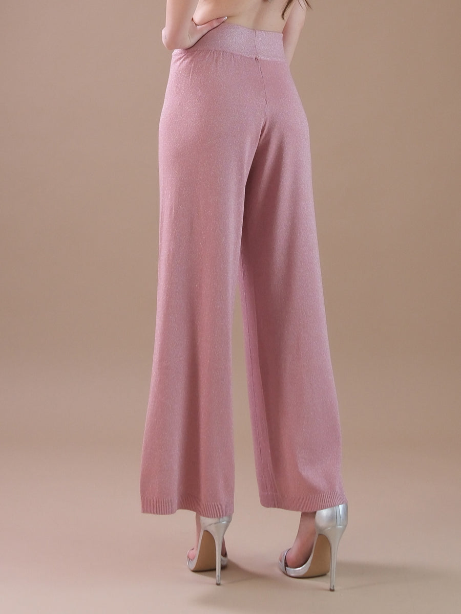 Pantaloni a palazzo in maglia rosa antico con lurex