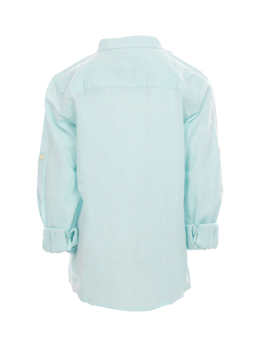 Camicia a manica lunga azzurra in misto lino e cotone