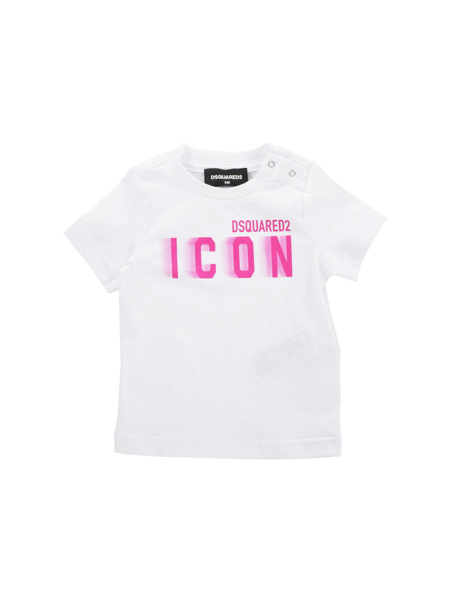 T-shirt bianca con scritta Icon fucsia sfumata