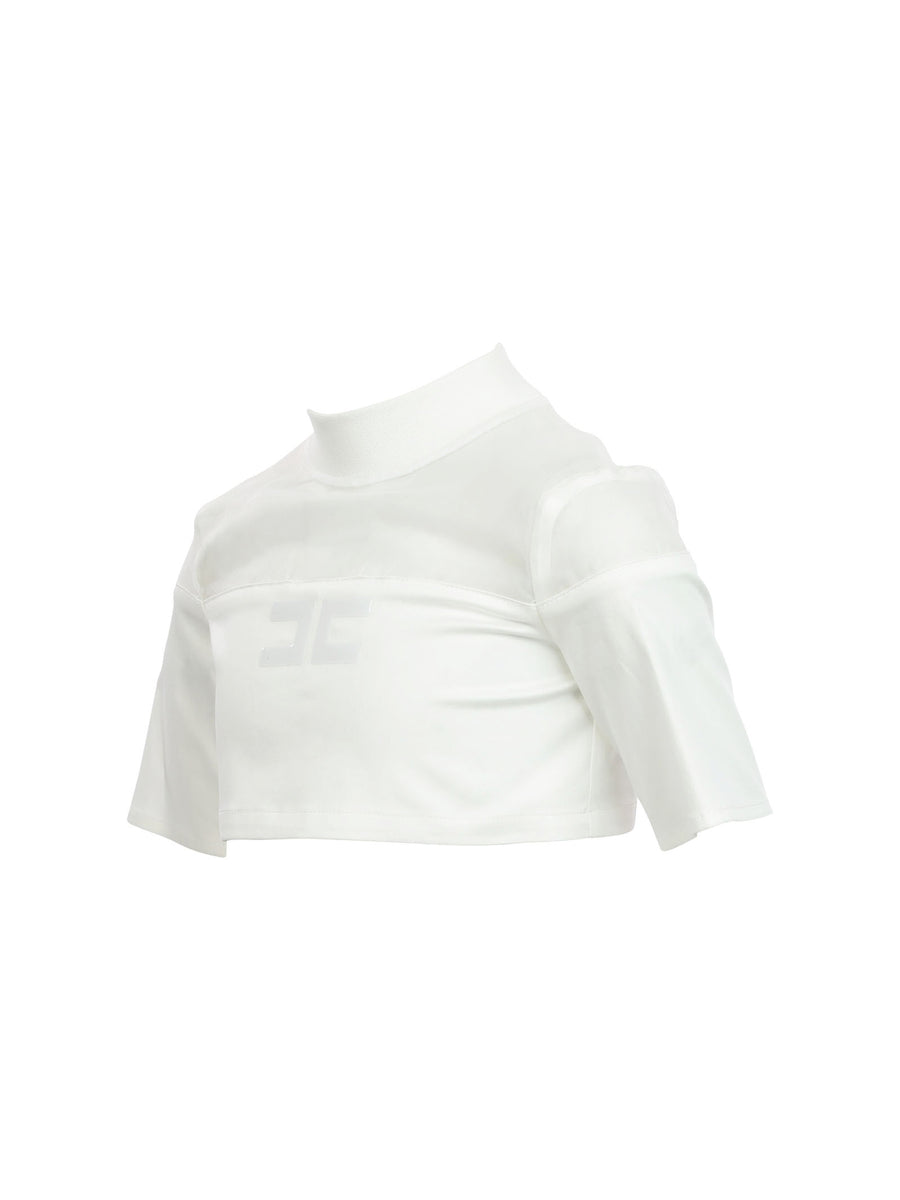 T-shirt crop bianca con inserto velato