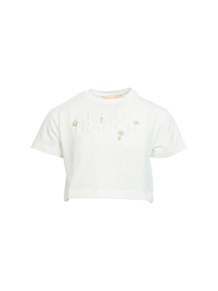T-shirt bianca con ricamo logo in rilievo
