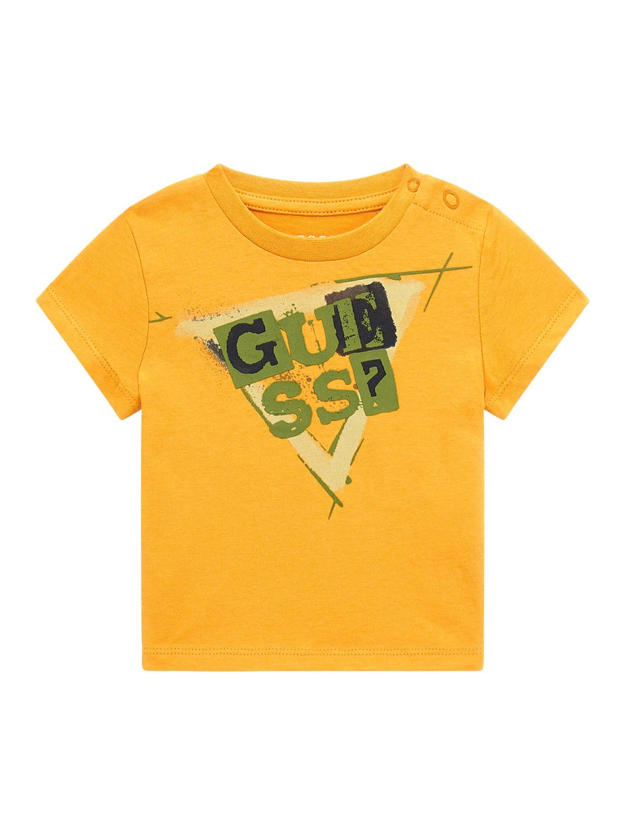 T-shirt da neonato gialla stampa triangolo logo