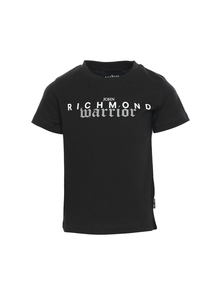 T-shirt nera con logo bianco e scritta grigia Warrior