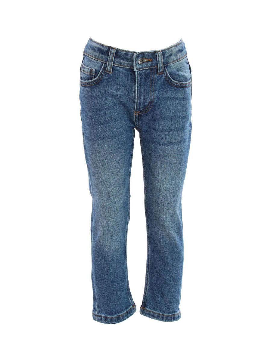 Jeans lavaggio medio con scritta Rich bianca sul retro