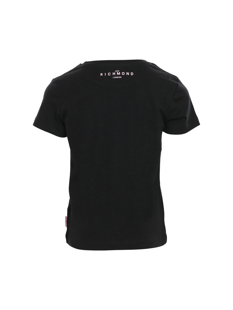 T-shirt nera con scritta logo rosa glitter