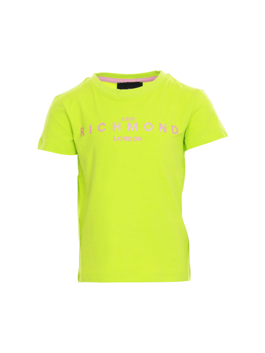 T-shirt verde lime con scritta logo rosa glitter