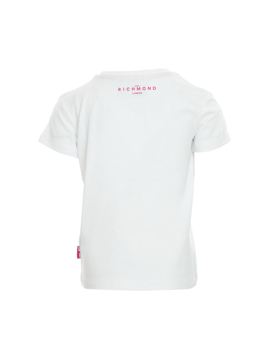 T-shirt bianca con scritta logo fucsia glitter