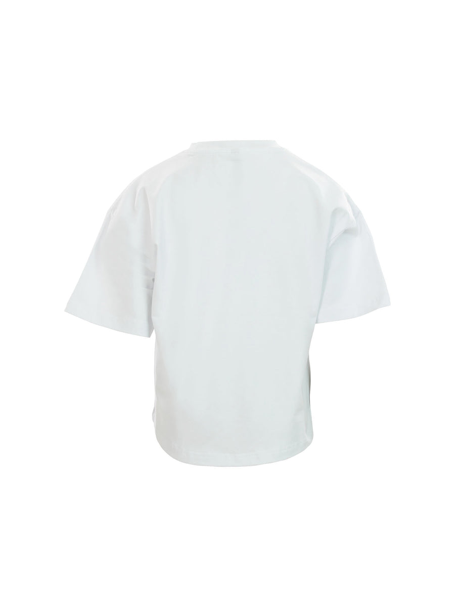 T-shirt crop bianca logo ricamato multicolor e perline