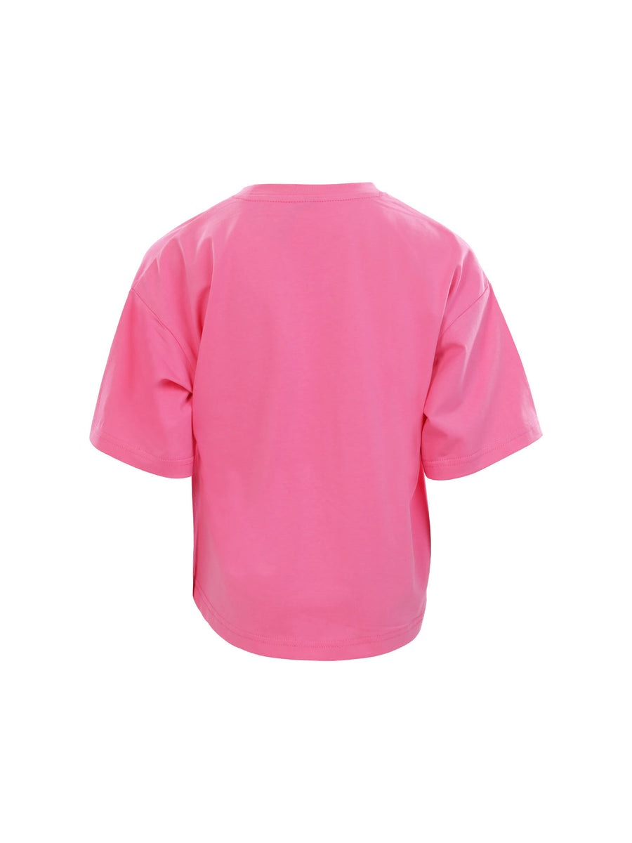 T-shirt crop fucsia logo ricamato multicolor e perline