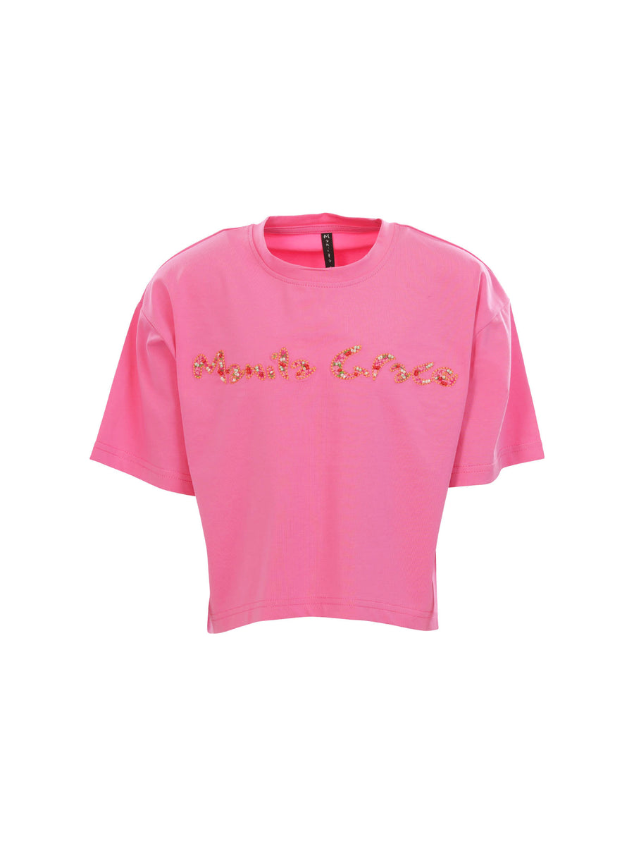 T-shirt crop fucsia logo ricamato multicolor e perline