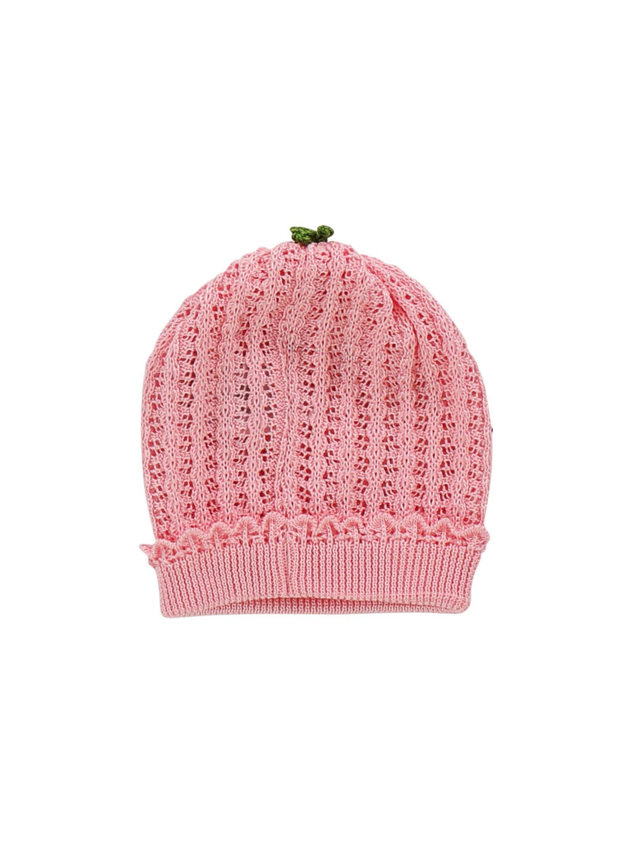Cappello traforato in filo rosa con fiori applicati