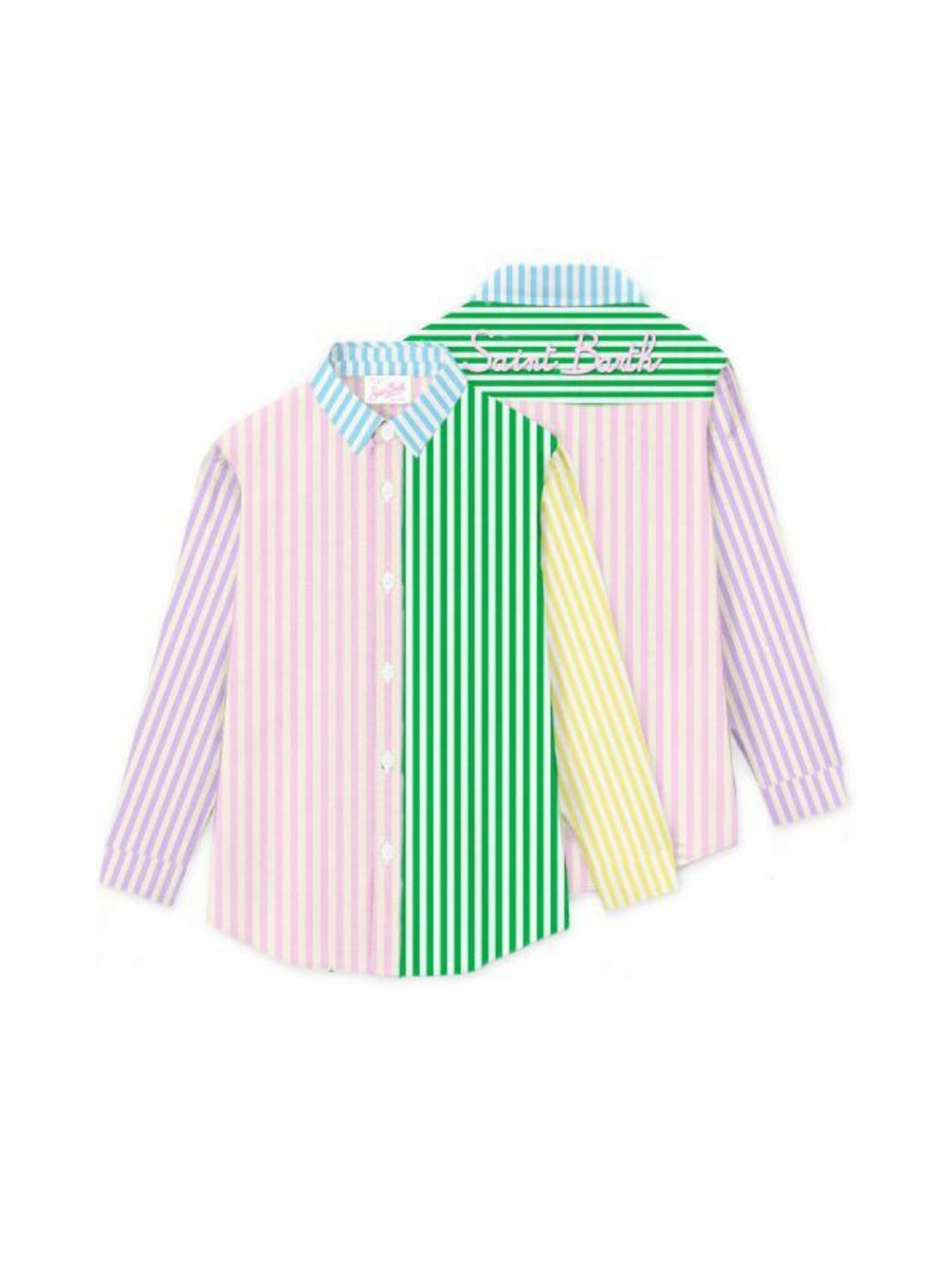 Camicia over a righe multicolor con scritta logo