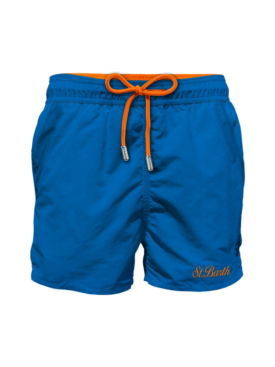 Costume shorts blu royal con logo e lacci arancioni