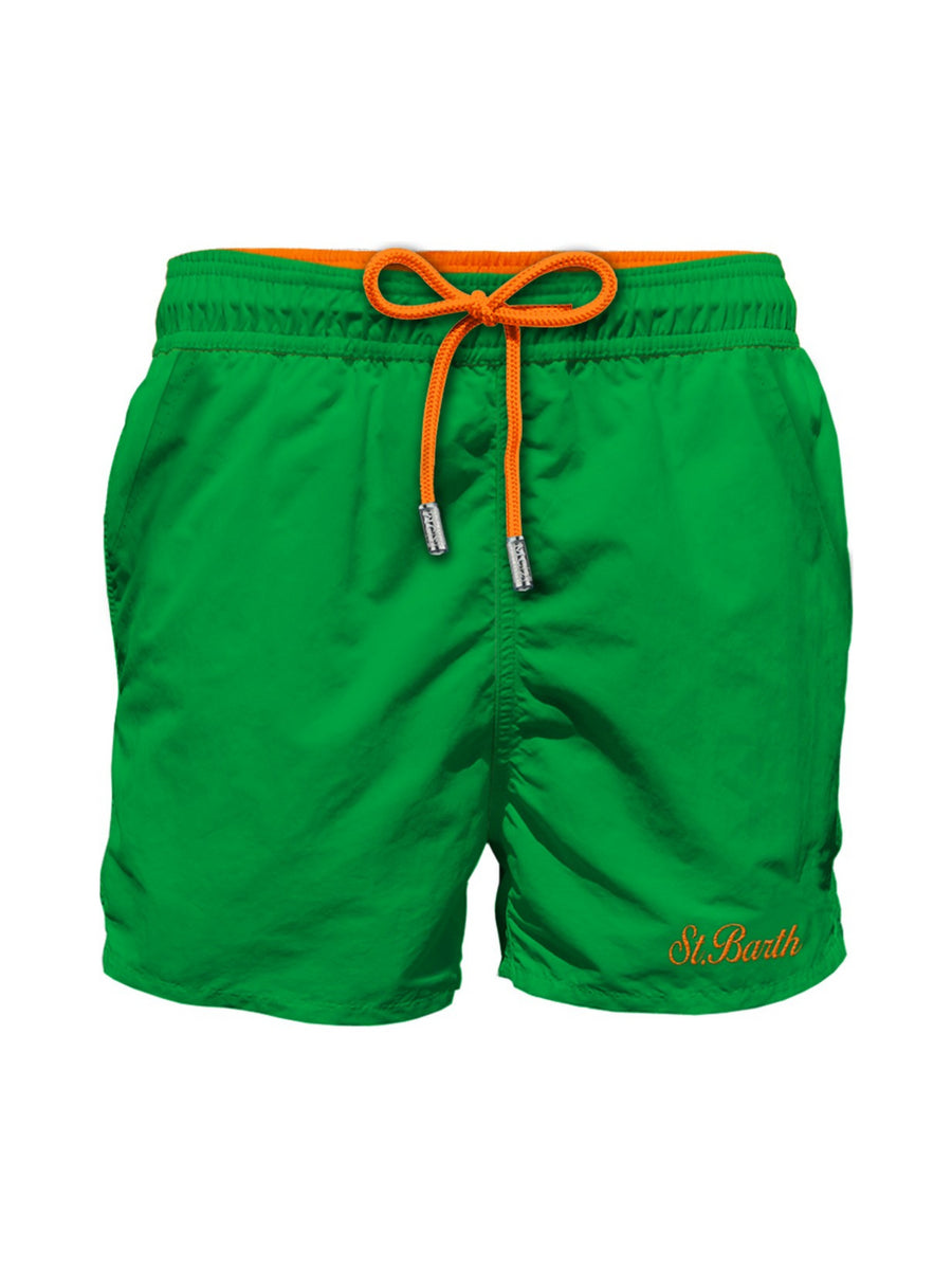 Costume shorts verde con logo e lacci arancioni