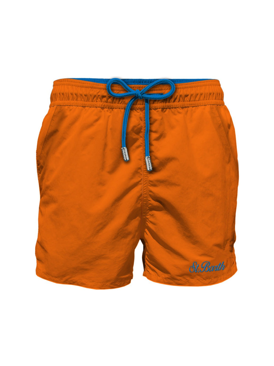 Costume shorts arancione con logo e lacci blu