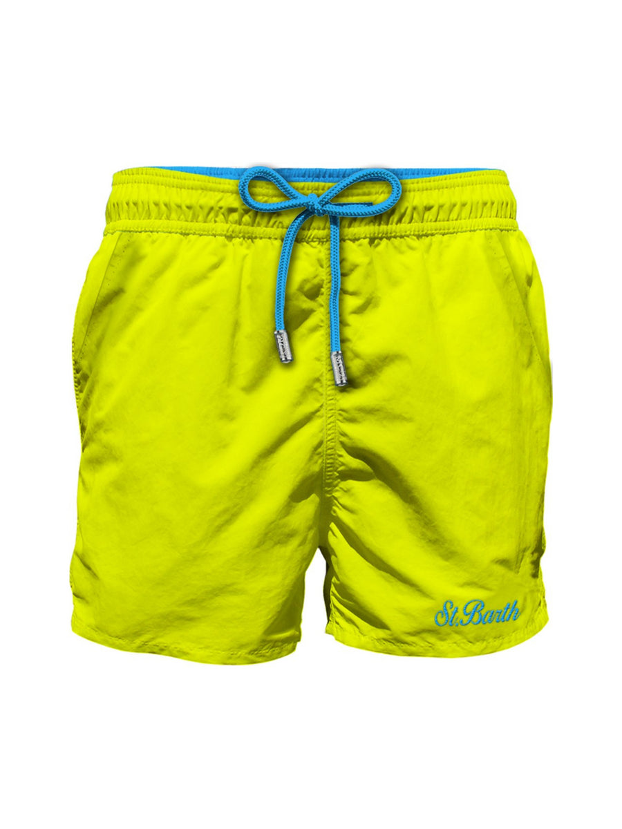 Costume shorts giallo con logo e lacci azzurri
