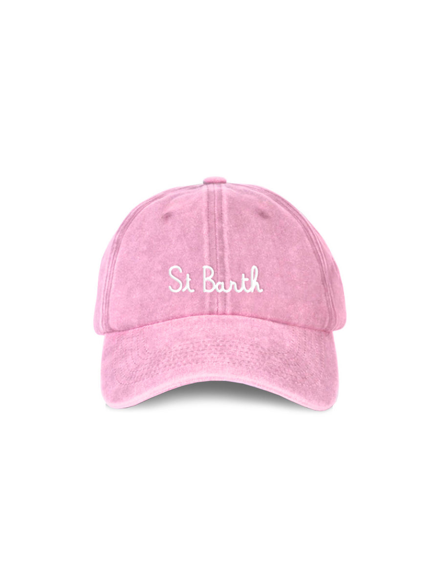 Cappello rosa con visiera e scritta logo bianca