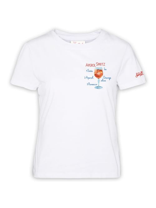 T-shirt bianca con scritta "Aperol Spritz" e bicchiere