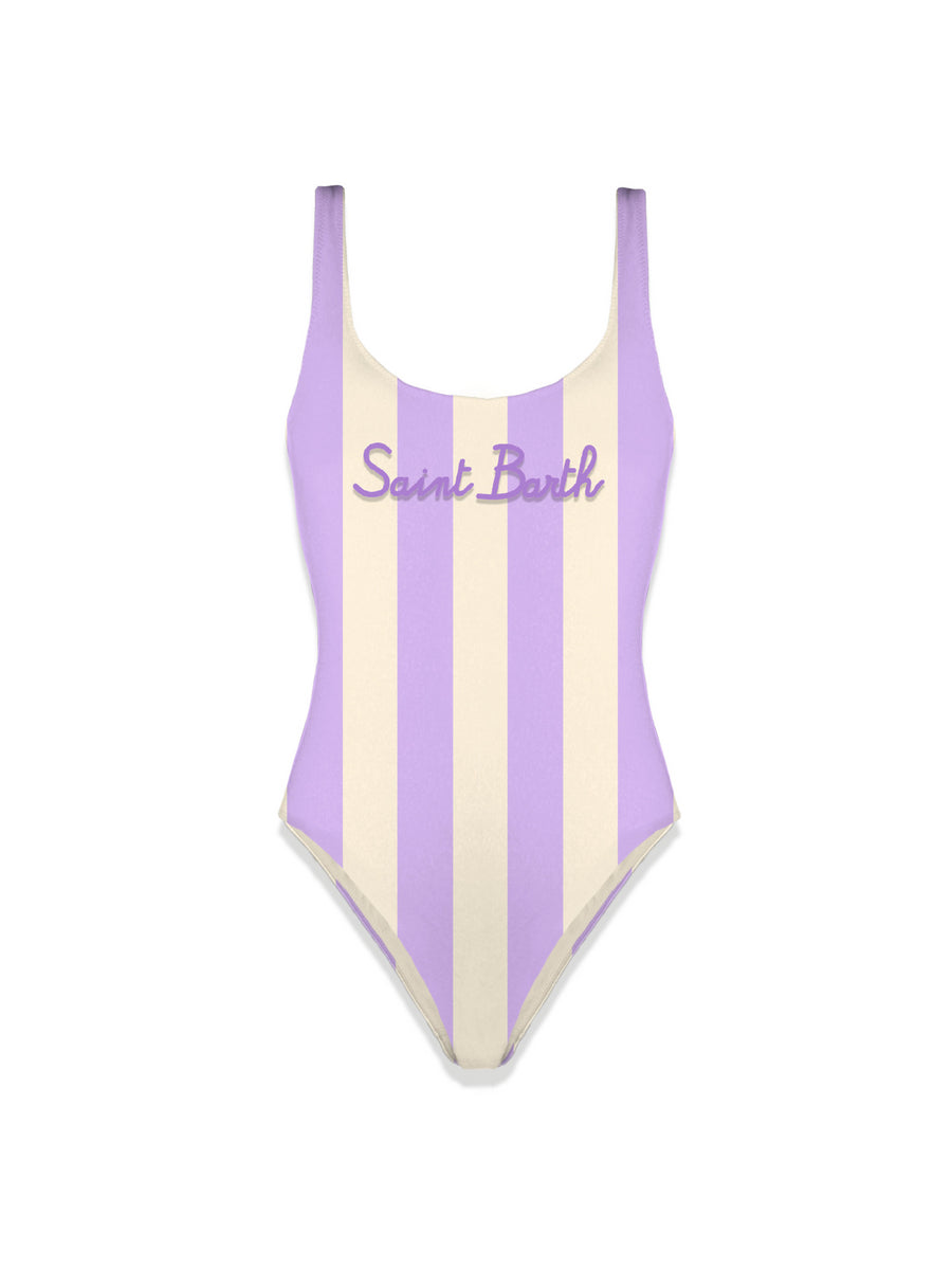Monokini a strisce lilla e beige con logo viola