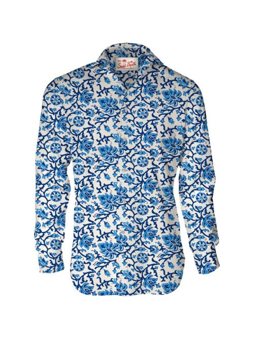 Camicia in cotone bianca con stampa floreale azzurra