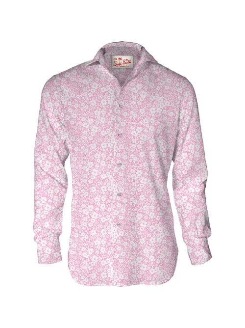 Camicia in cotone rosa con stampa floreale bianca