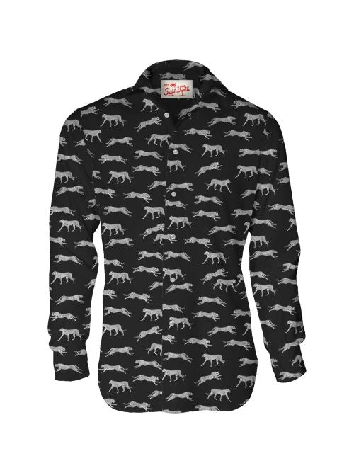 Camicia in cotone nera con stampa puma grigi