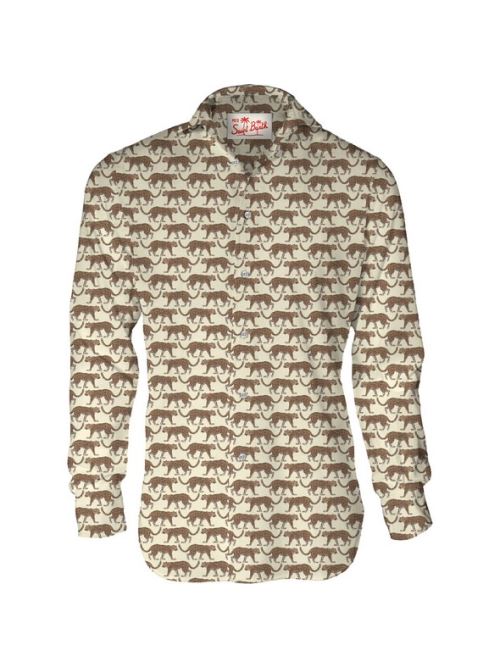 Camicia in cotone beige con stampa puma marroni