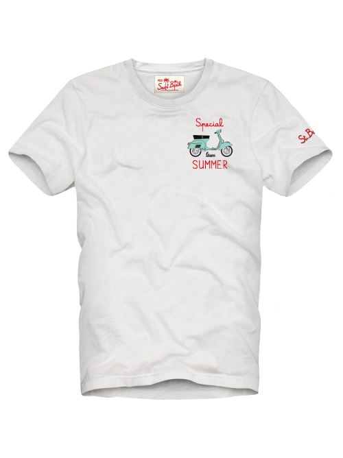 T-shirt bianca scritta "Special summer" con Vespa