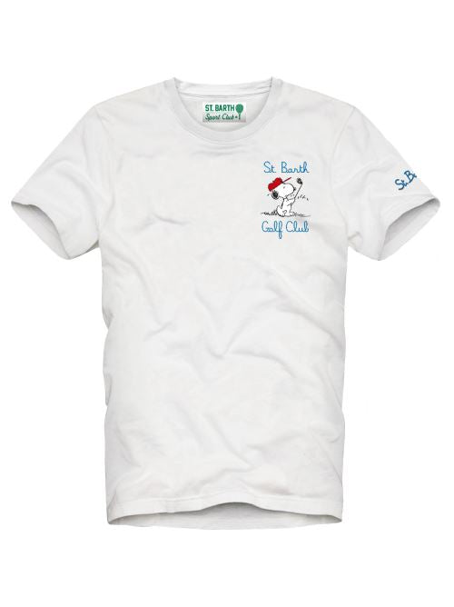 T-shirt bianca scritta "S. Barth Golf club" e Snoopy
