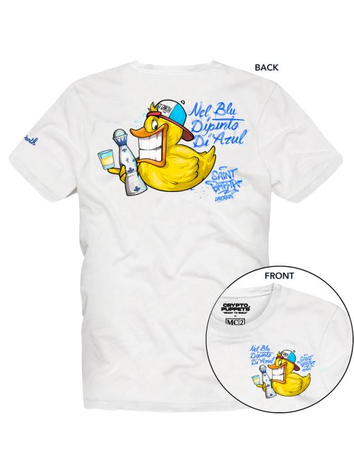 T-shirt bianca con stampa Ducky Blu Tequila sul retro