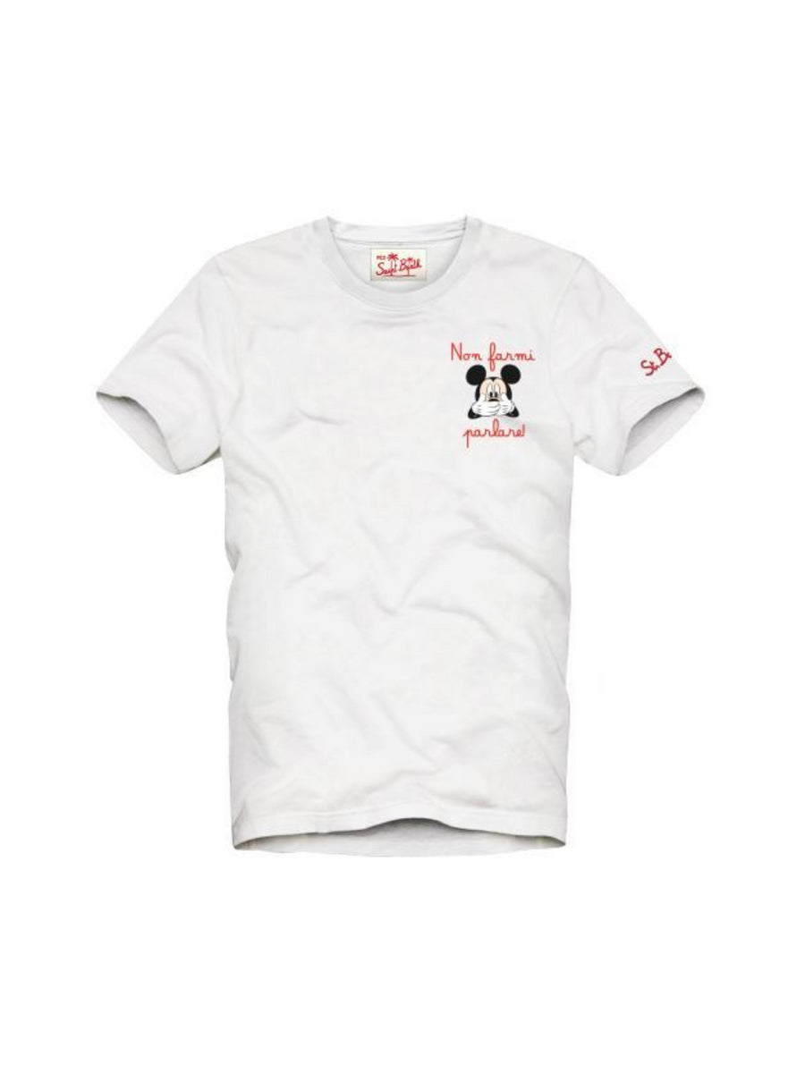 T-shirt bianca "Non farmi parlare" e Mickey Mouse