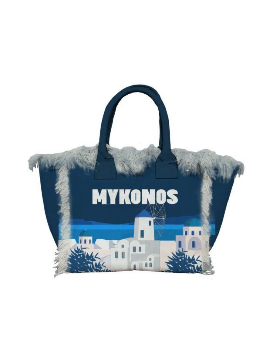 Borsa mare Vanity blu stampa Mykonos