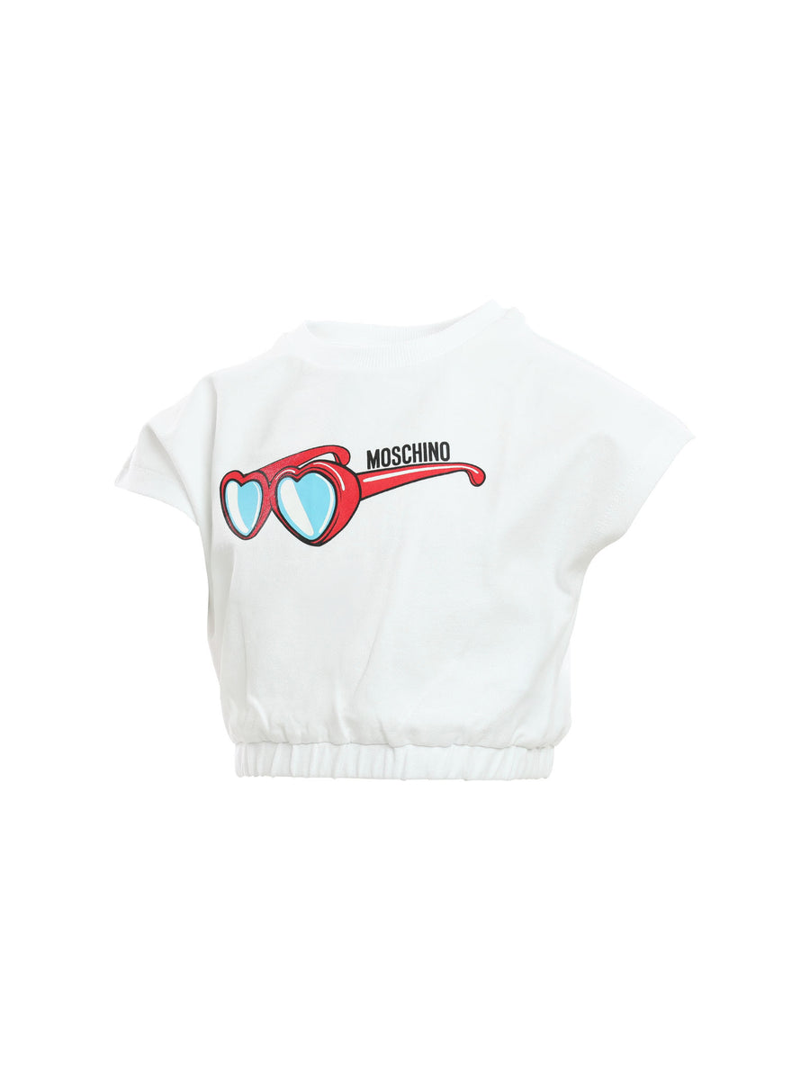 T-shirt crop bianca con stampa occhiali