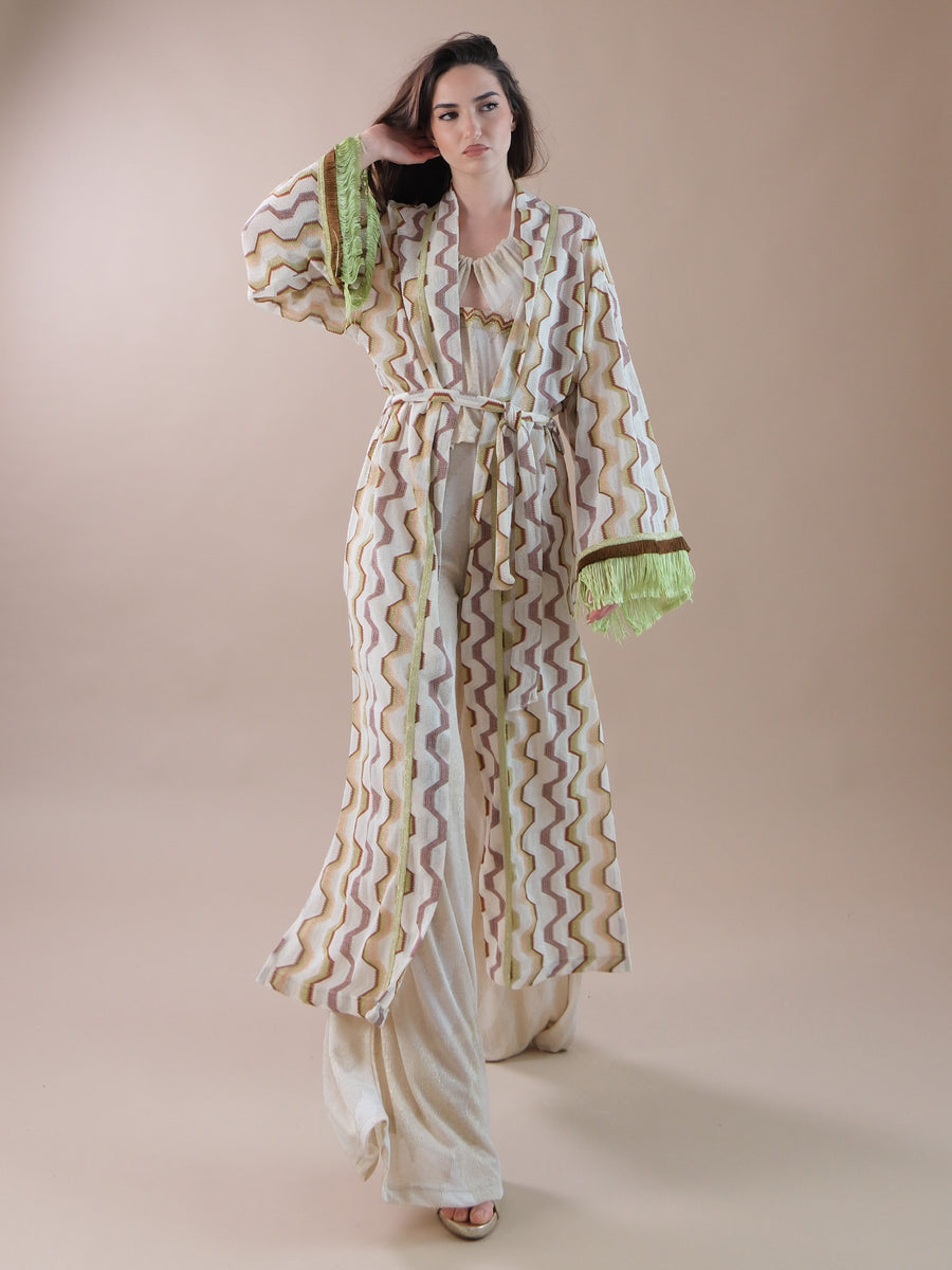 Kimono beige Savana con maniche sfrangiate verdi