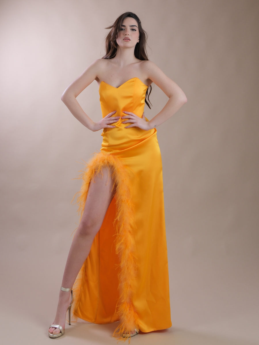 Plume Dress giallo ocra con spacco