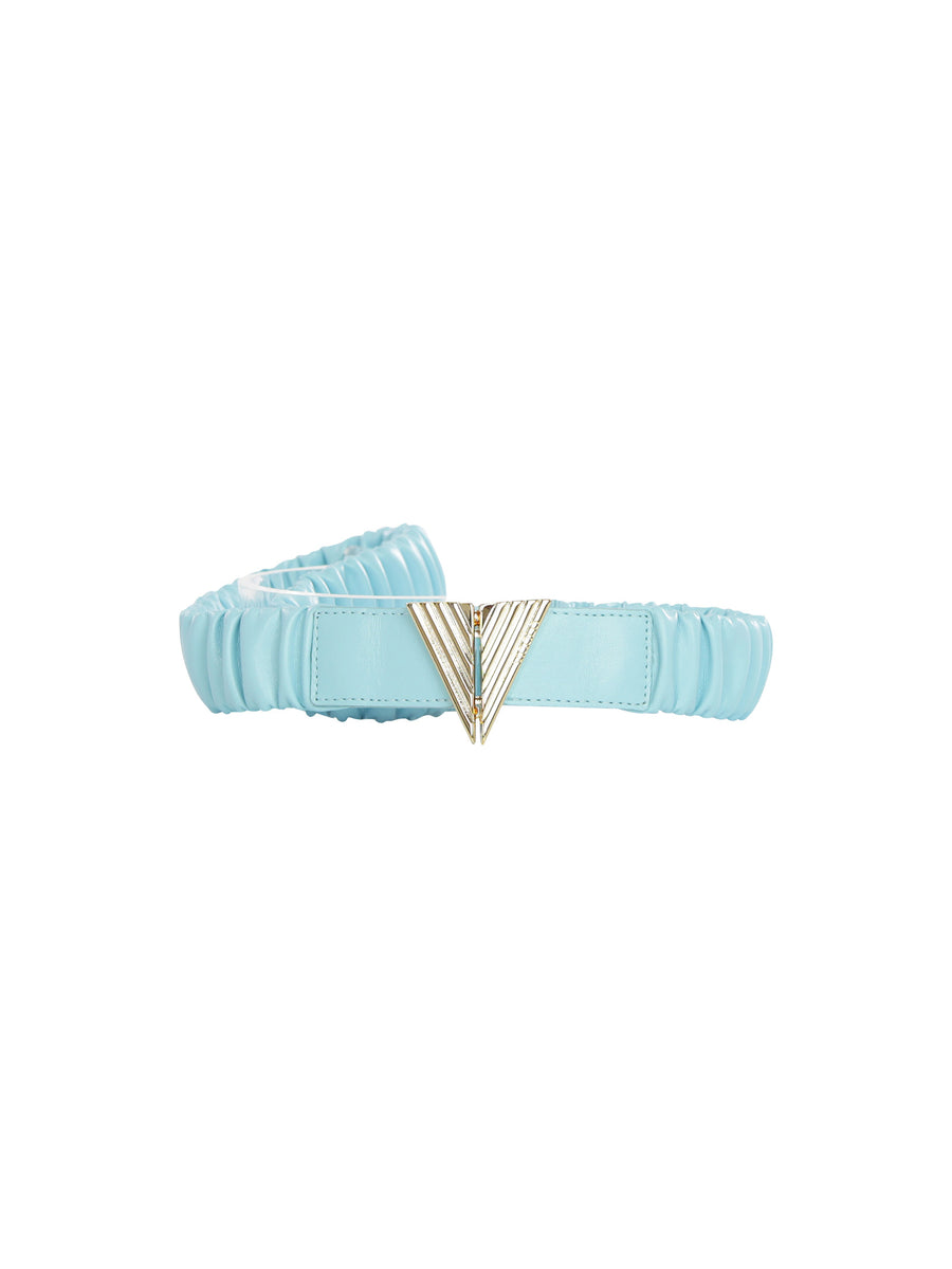 Cintura elastica arricciata azzurra con fibbia V oro