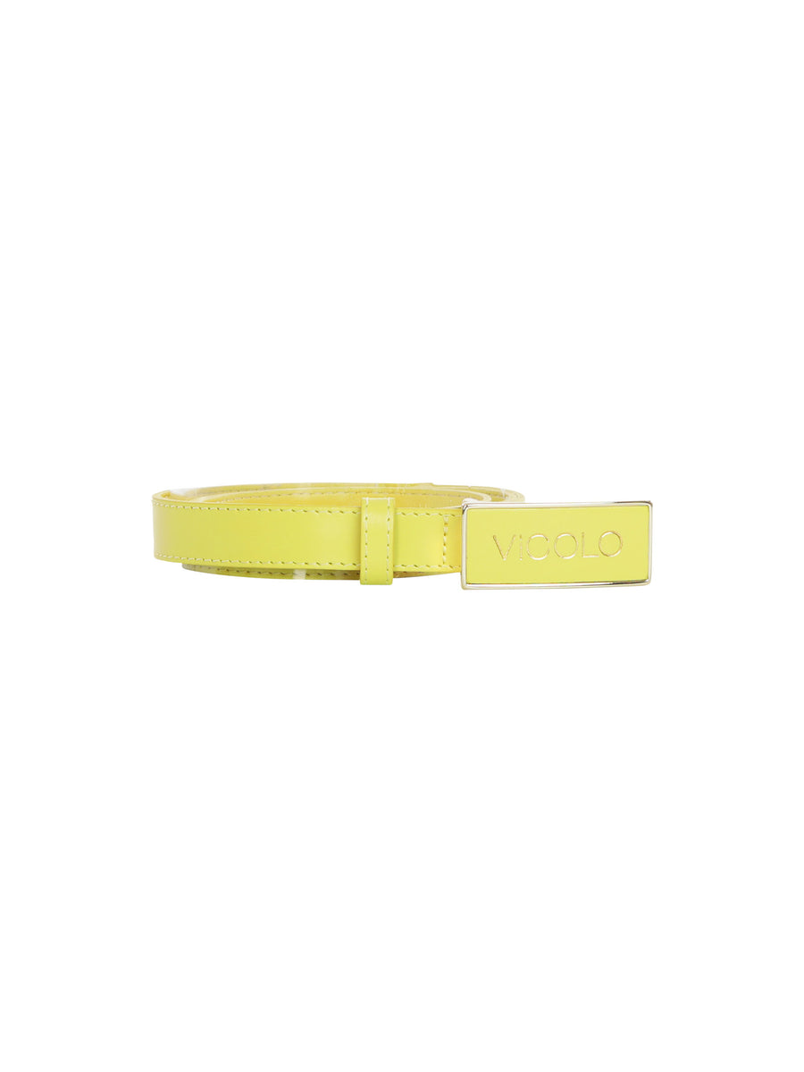 Cintura senape placca logo metallica senape e oro