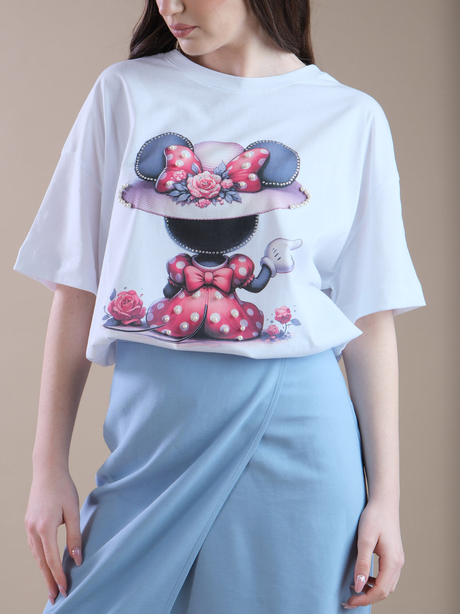 T-shirt bianca con stampa Minnie di spalle e perle