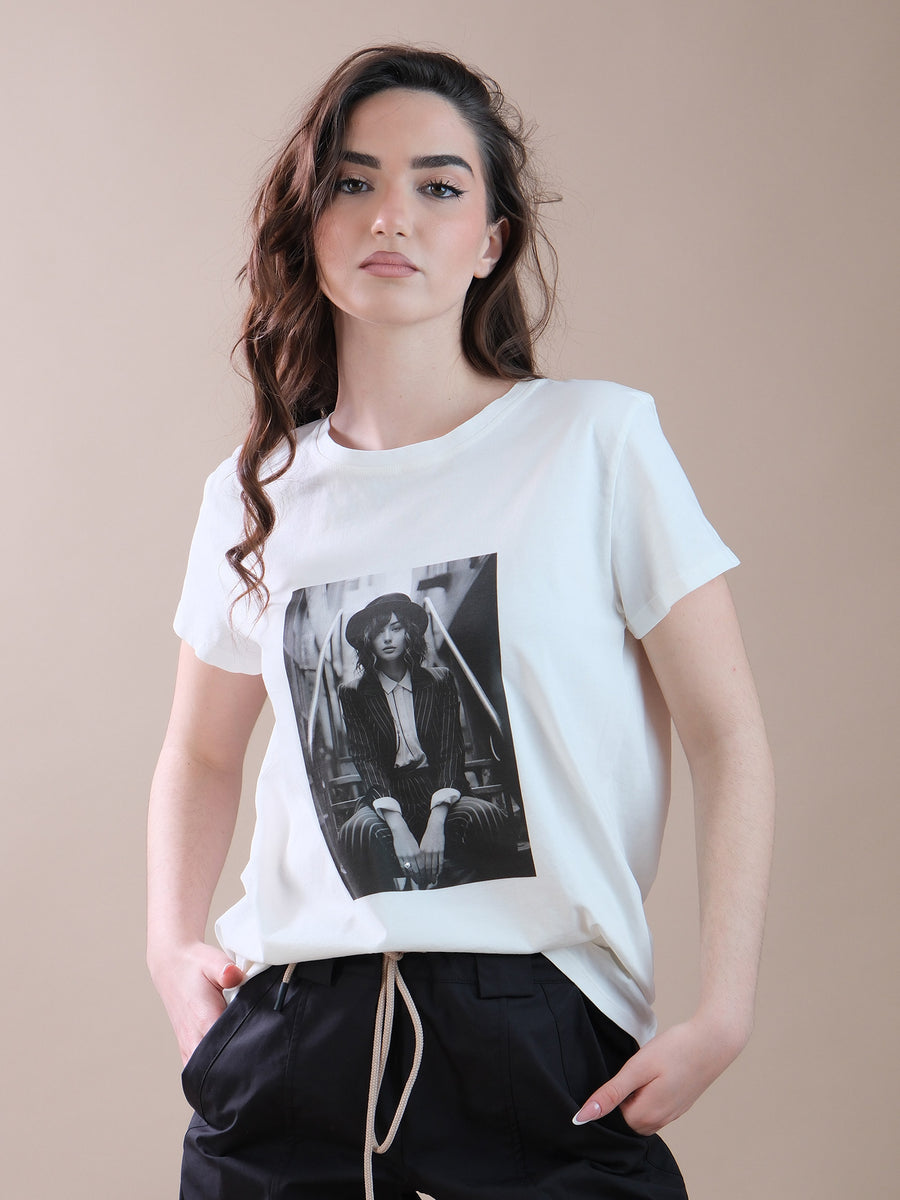 T-shirt bianca in cotone stampa Woman black&white