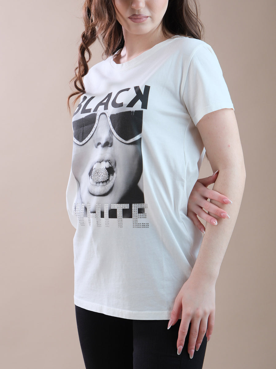 T-shirt in cotone bianca stampa Black & White