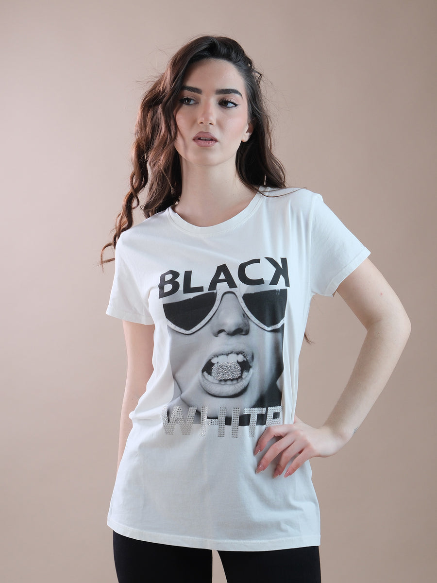 T-shirt in cotone bianca stampa Black & White