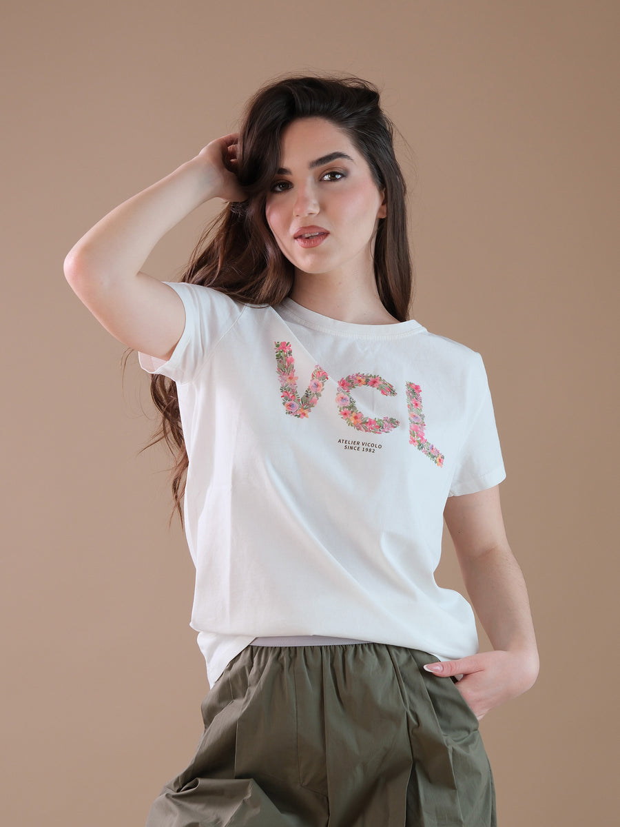 T-shirt bianca in cotone stampa VCL floreale