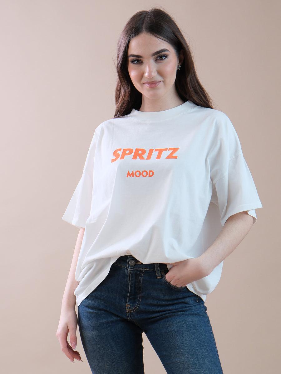T-shirt bianca con stampa "Spritz mood" arancione