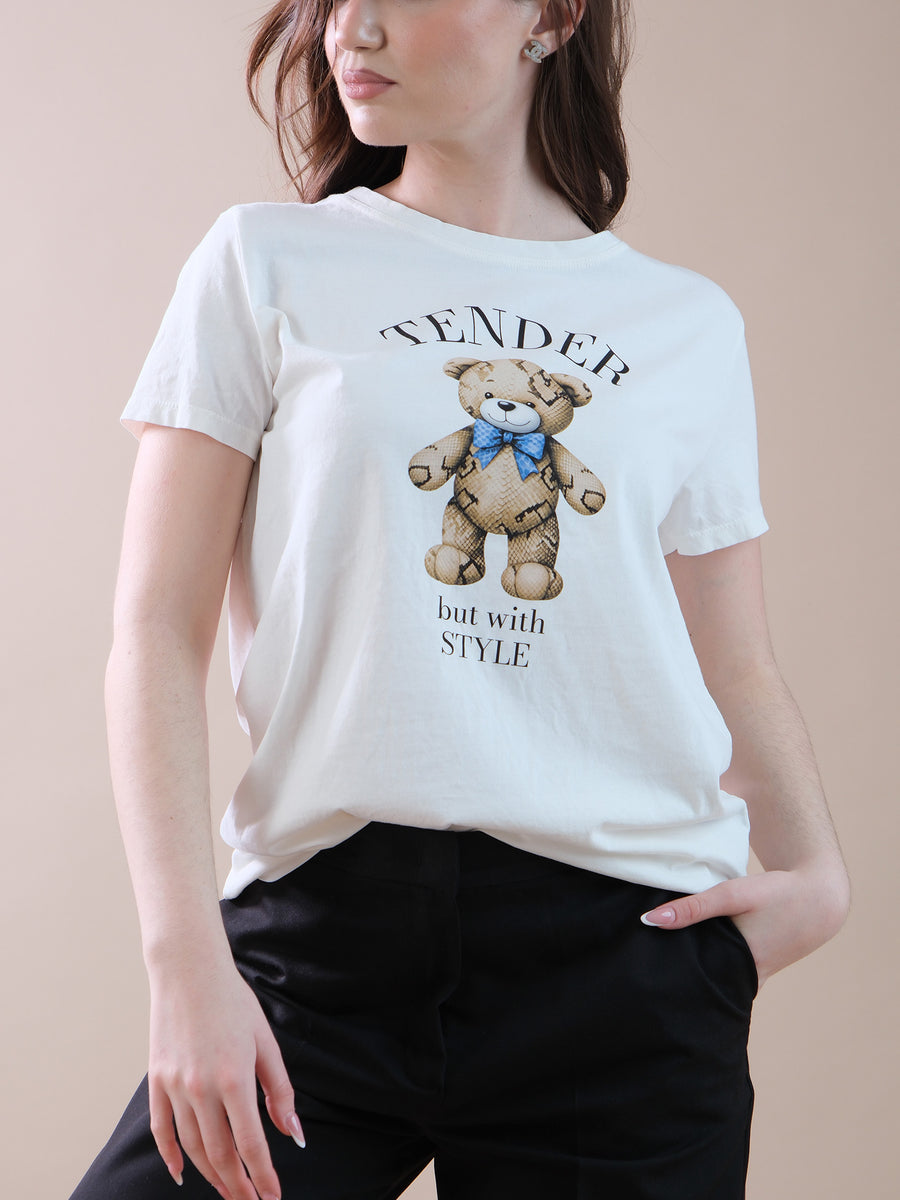 T-shirt bianca stampa "Tender but with style" e Teddy