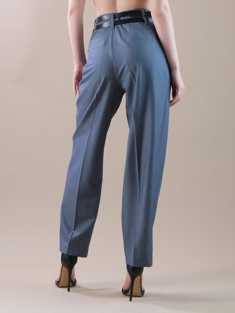 Pantaloni grigio-bluette dritti con cinturino e doppio passante